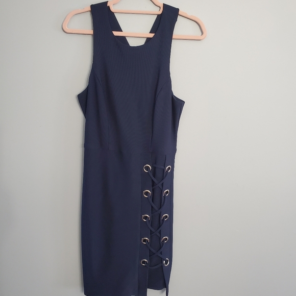 Guess Woman's Navy Dress LaceUp Design Casual Coquette Girl Money Cocktail Sz 8 - Picture 1 of 14